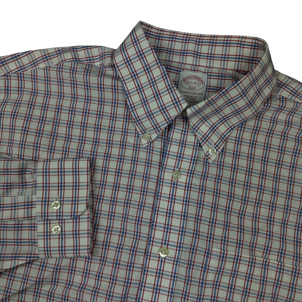 Brooks Brothers 346 Mens 16.5 4/5 Plaid Button Down Shirt Red Blue Non-Iron